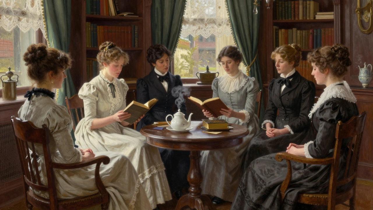 Women in Victorian dresses gather to read Shakespeare aloud, tea steaming nearby, in a cozy parlor.