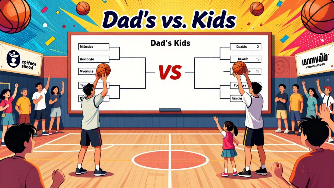A father and daughter competing side by side in a free throw bracket tournament with a cheering crowd.