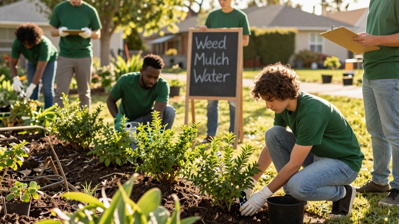 A group of volunteers planting shrubs in a neighborhood garden.