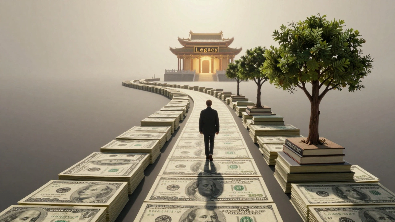 A path of dollar bills leading to a glowing temple of legacy, with a figure walking as their shadow splits into two paths.
