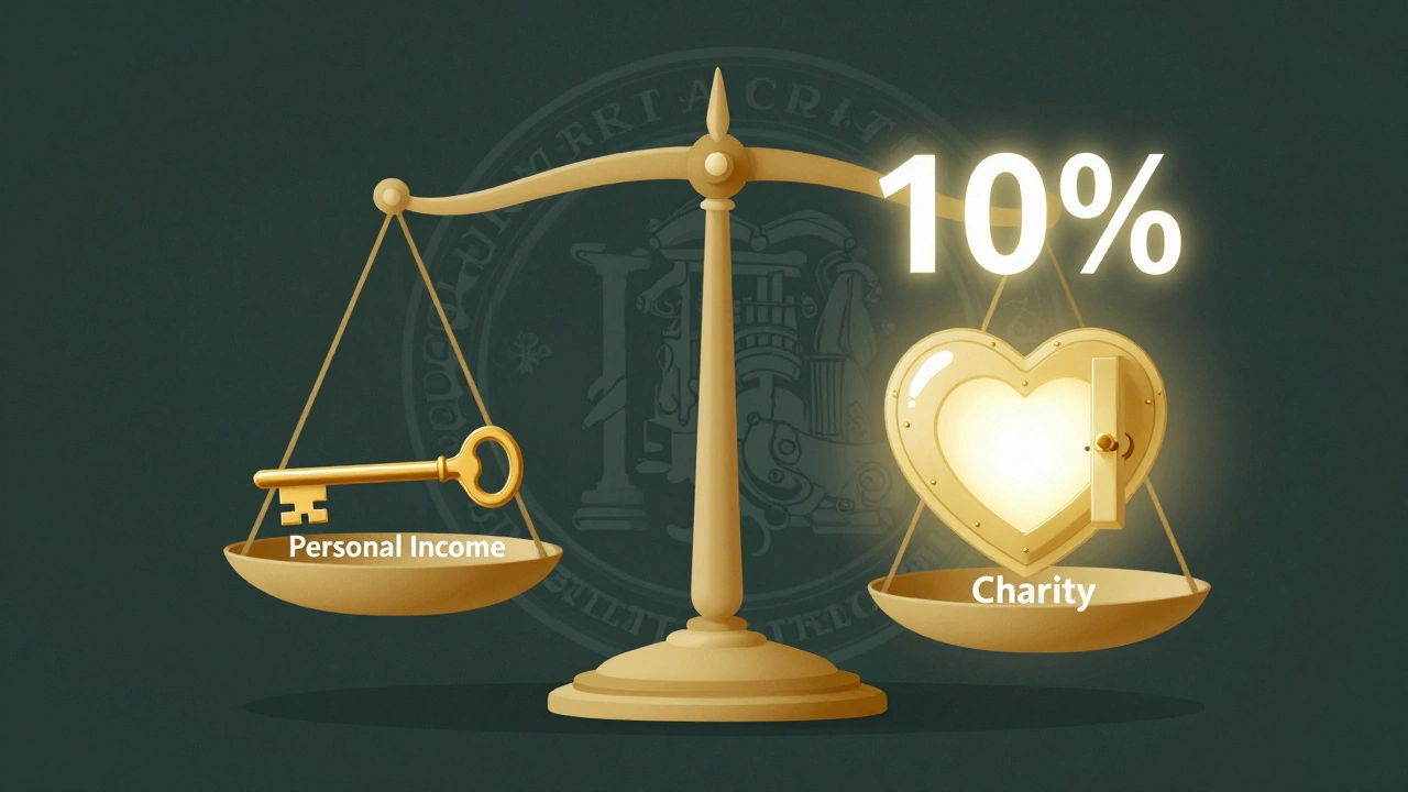A symbolic balance scale with personal income on one side and a charity vault on the other, marked with a 10% weight.