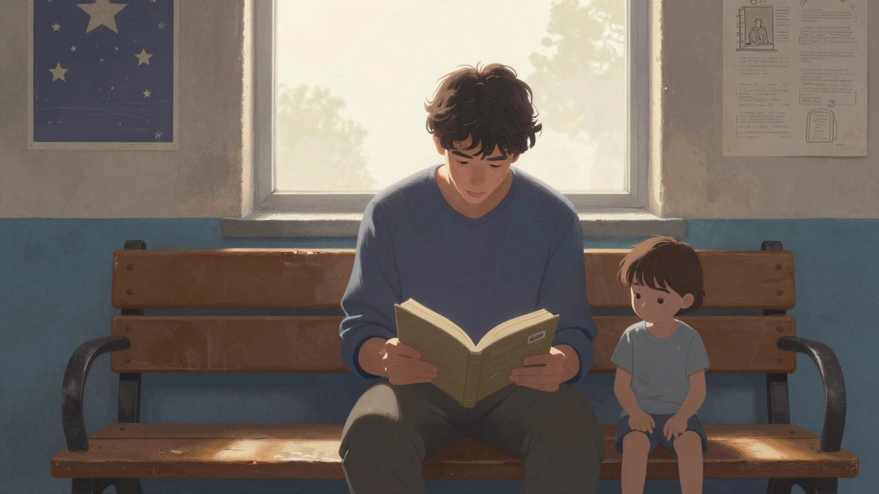 A young man reading a book to a child at a youth center, emotionally transformed.