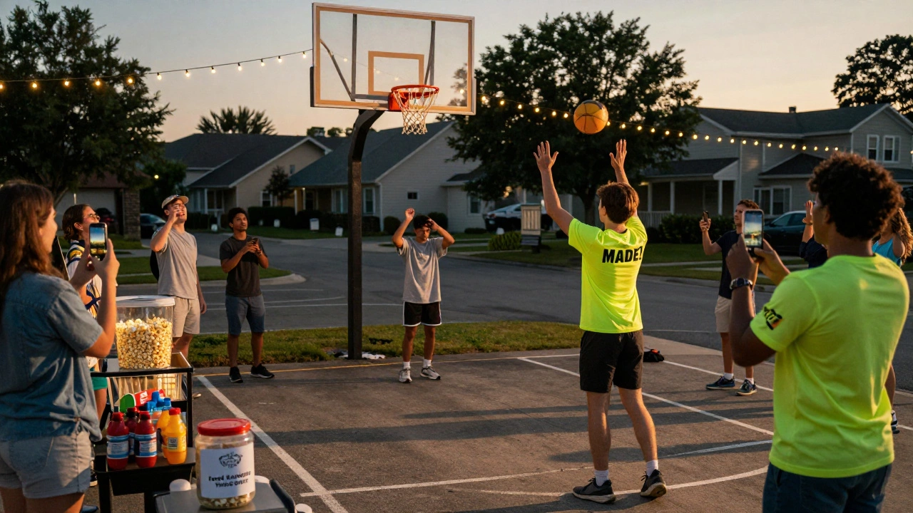 An outdoor free throw challenge at dusk with string lights, a volunteer calling out shots, and a snack stand nearby.
