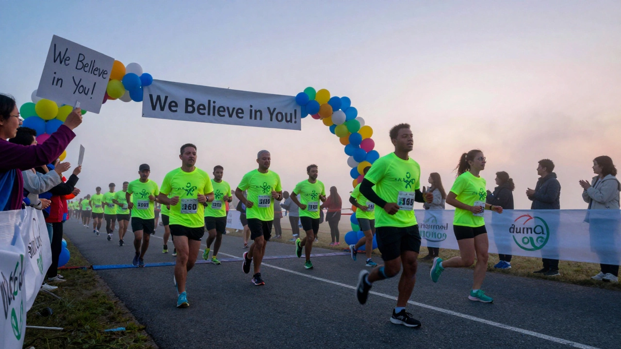 Diverse group of runners crossing a charity 5K finish line cheered on by spectators.