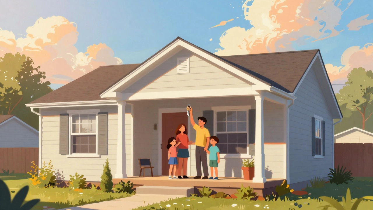 Family holding keys in front of a stable home under bright sunlight.