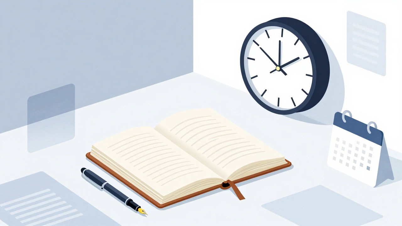 Overhead view of notebook, pen, and office clock