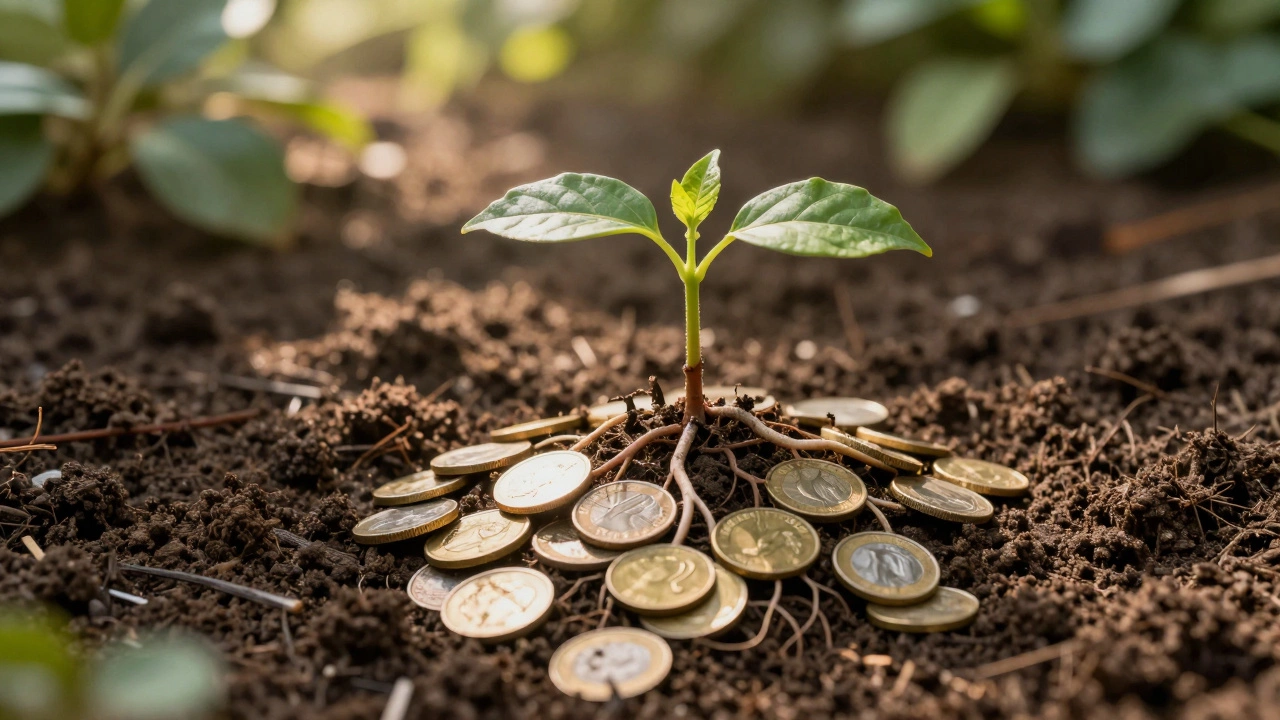Sapling growing from a pile of gold coins
