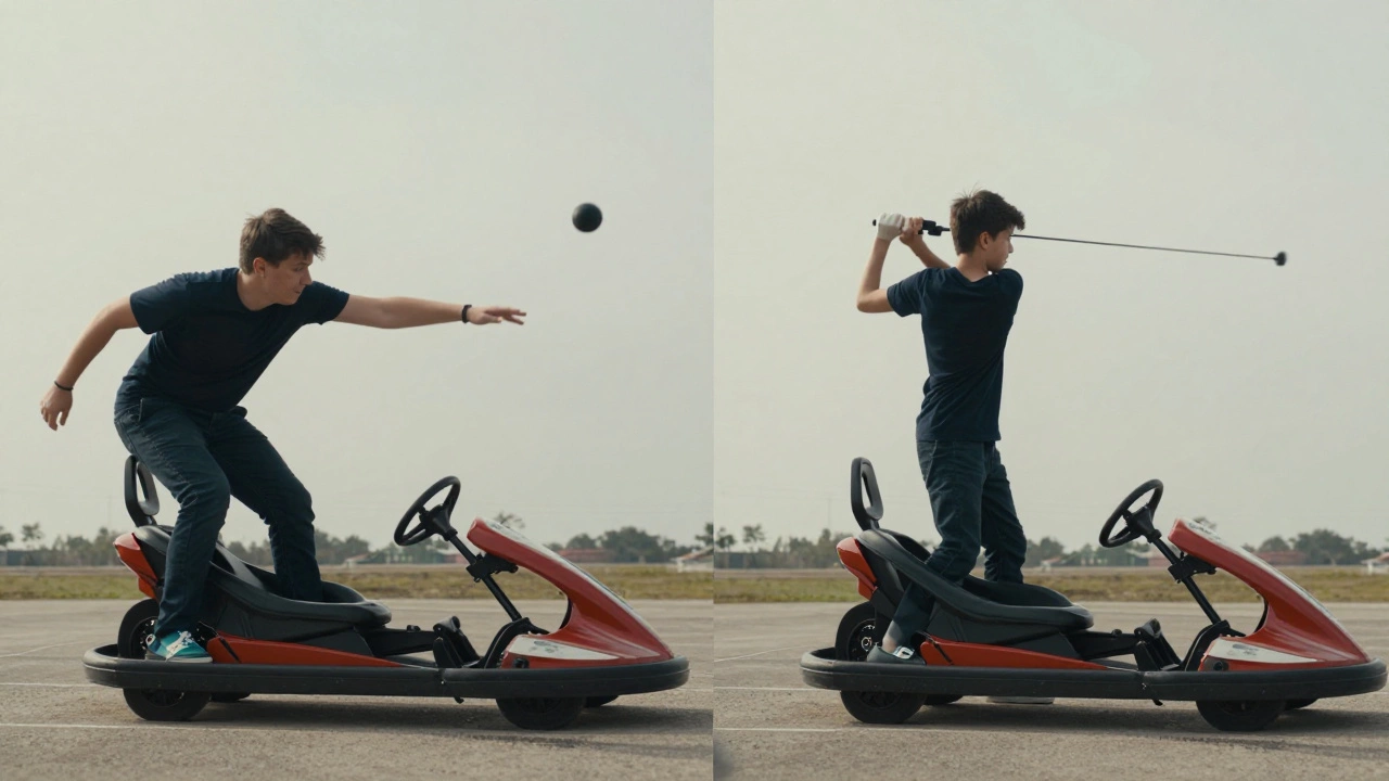 Side-by-side comparison of a teen struggling with a long driver versus swinging a properly sized one.