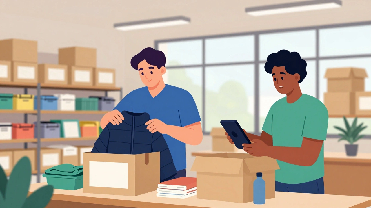 Volunteers sorting donated clothing and gadgets in a warehouse