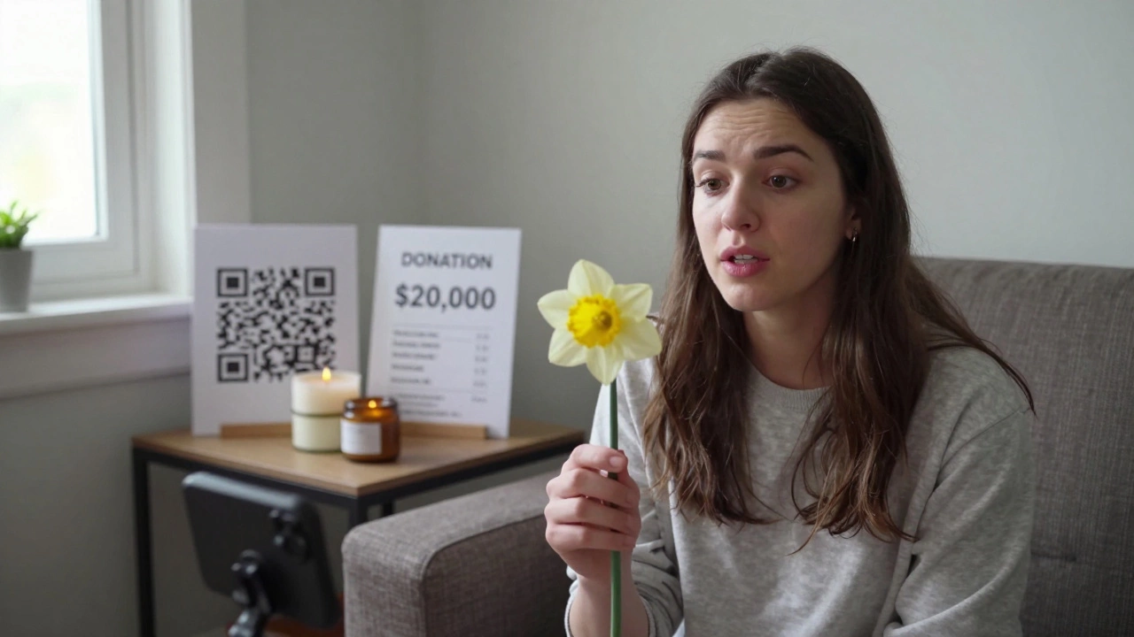 Young woman filming a heartfelt social media video with a daffodil and donation receipts.