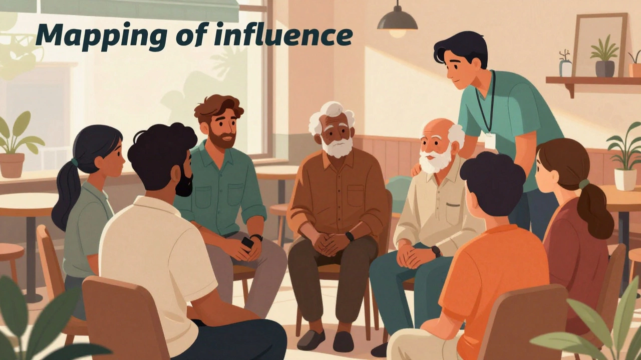 A community outreach coordinator listening to local influencers in a cafe.