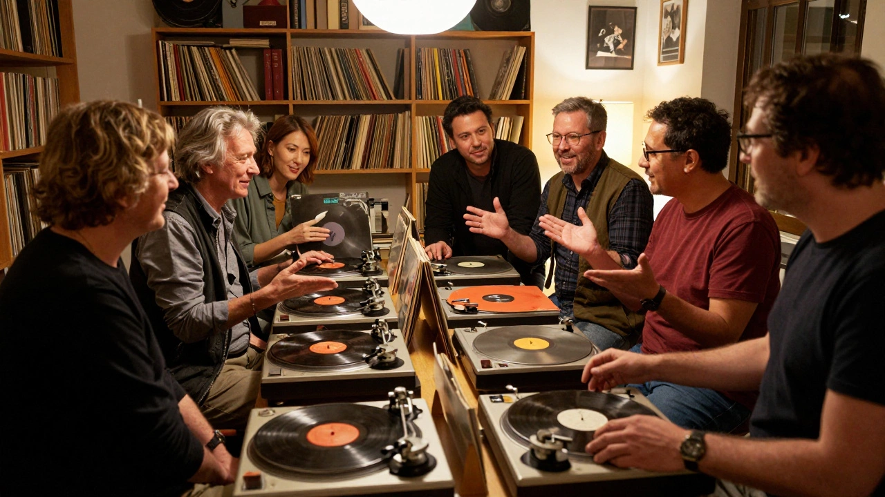 A group of people passionately discussing vintage vinyl records in a cozy, lamp-lit room.