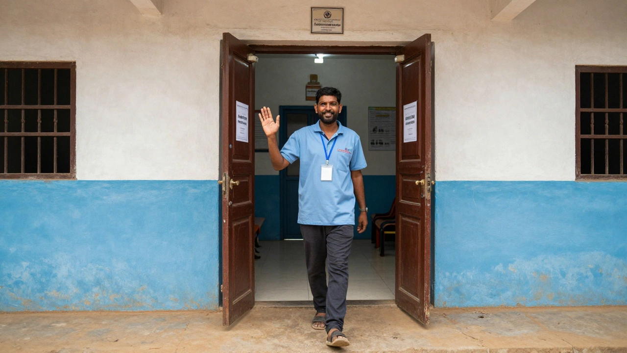 A person entering a community center, welcomed by a supportive outreach worker.