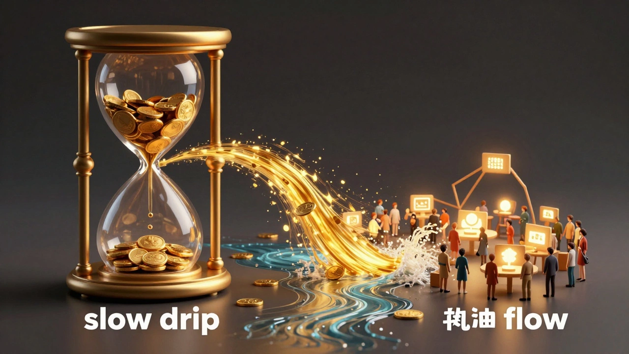 Conceptual art showing a slow trickle of coins versus a rushing river of gold