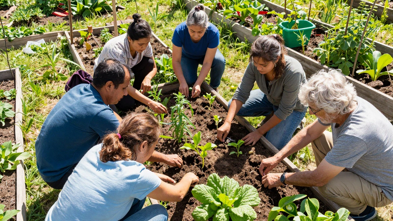 Diverse people working together in a community garden, focusing on the shared task of planting.