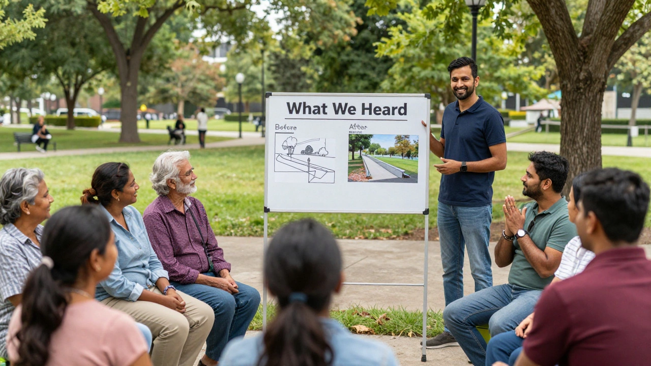 Project lead showing a community board to happy residents in a newly completed park.