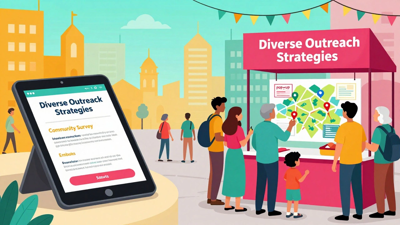 Split view of a digital survey and a pop-up engagement station at a busy Indian market.