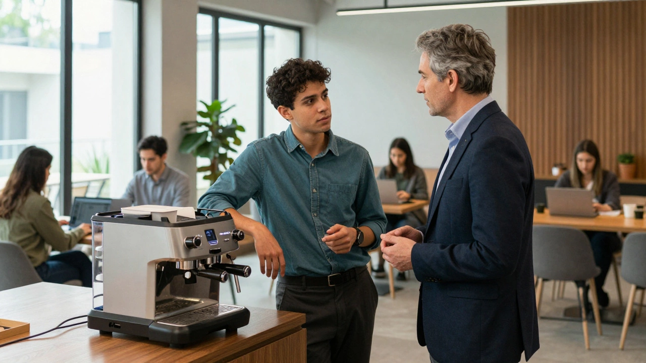 Two professionals talking by an espresso machine in a luxury coworking club.
