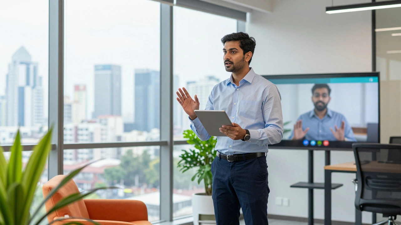 Business development rep working in a modern Indian tech office