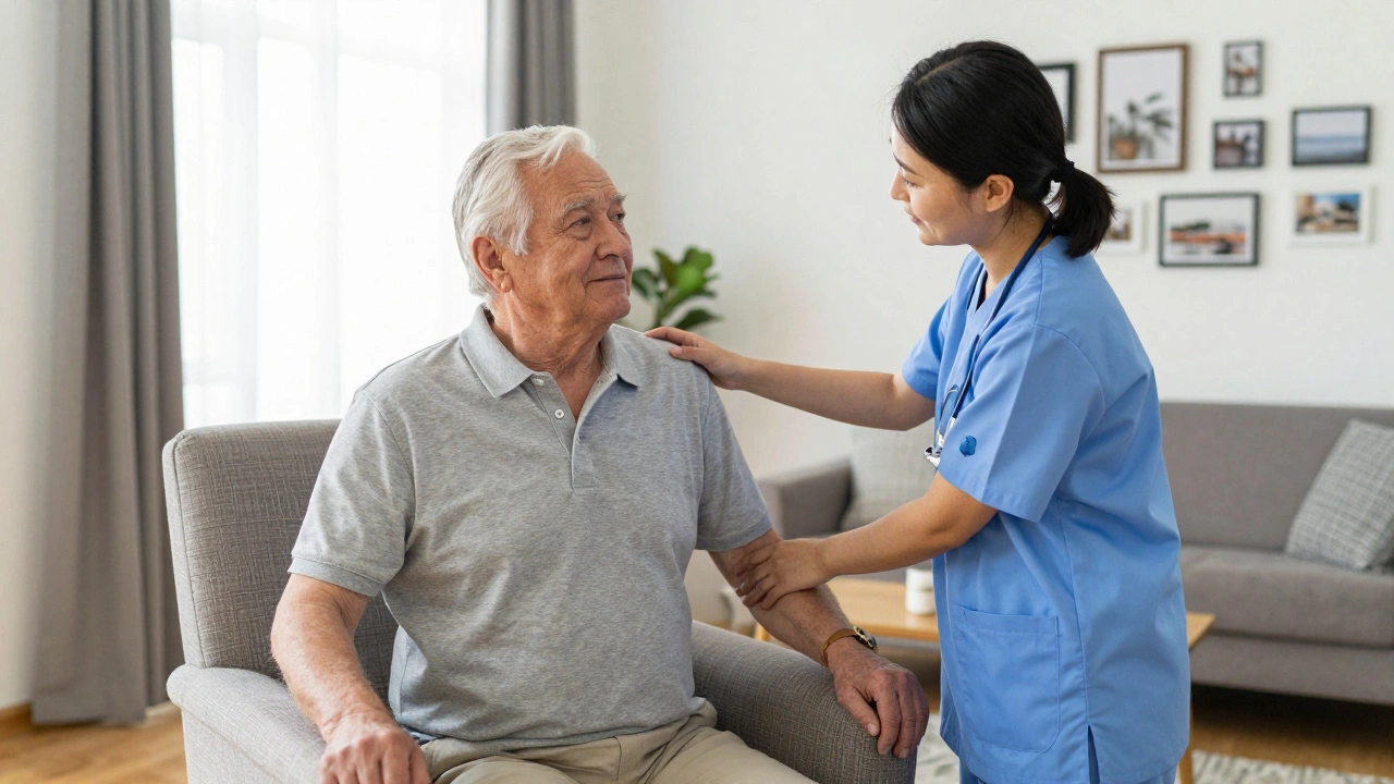 Caregiver helping an elderly man stand up safely in a living room.