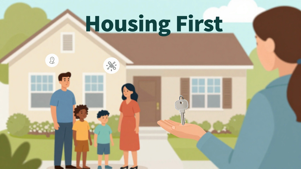 Case manager giving keys to a family in front of a house, representing rapid rehousing