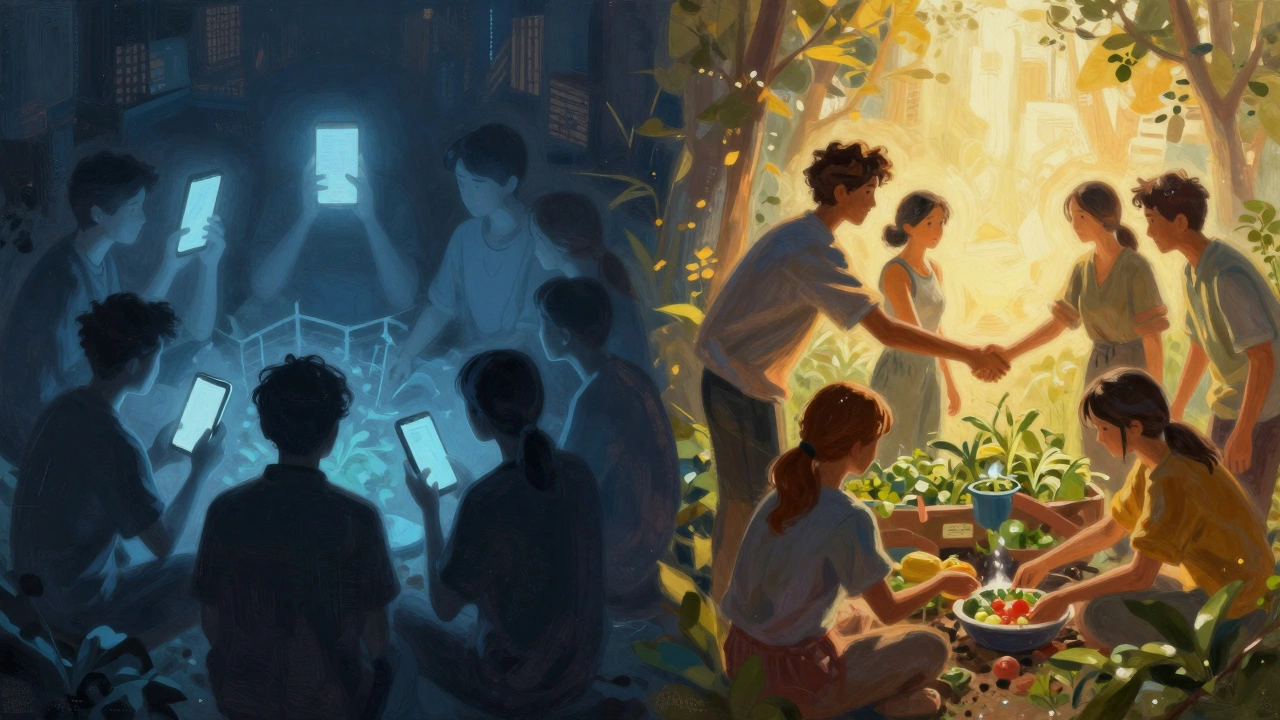 Conceptual art showing community bonds overcoming digital isolation.
