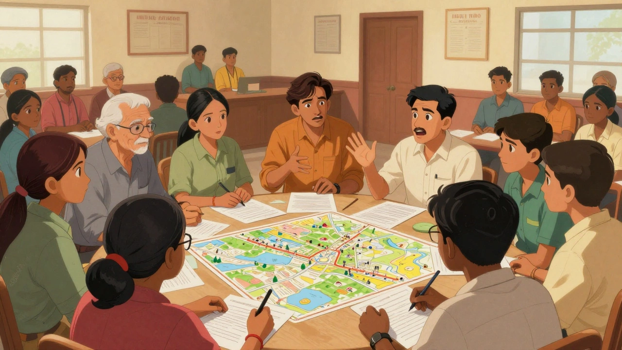 Diverse community members discussing environmental policy indoors