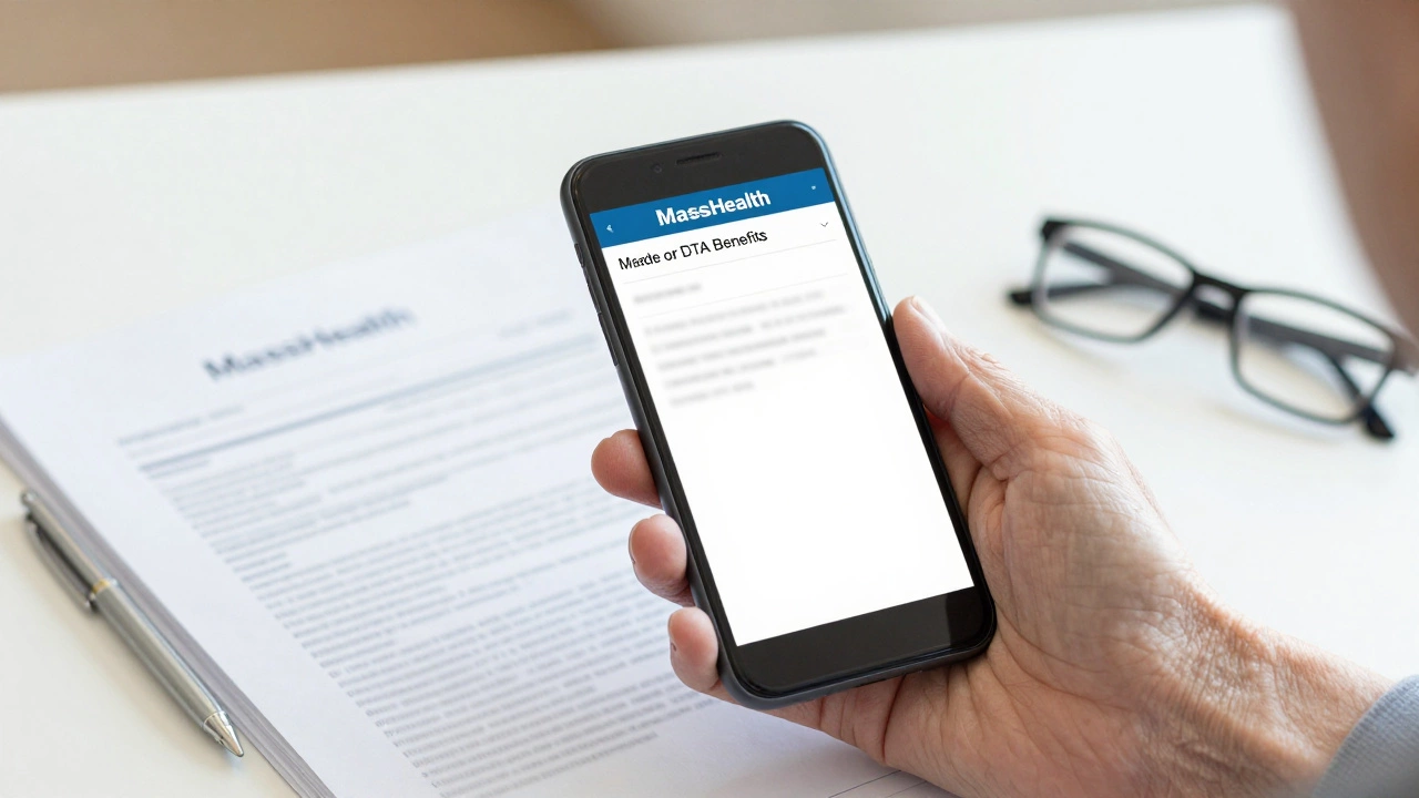 Elderly hand holding a smartphone near documents for benefit applications.