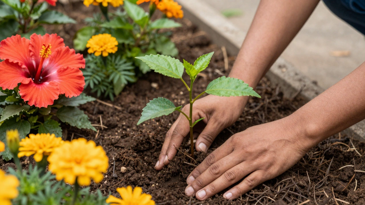 Hands planting a native tree sapling surrounded by tropical flowers