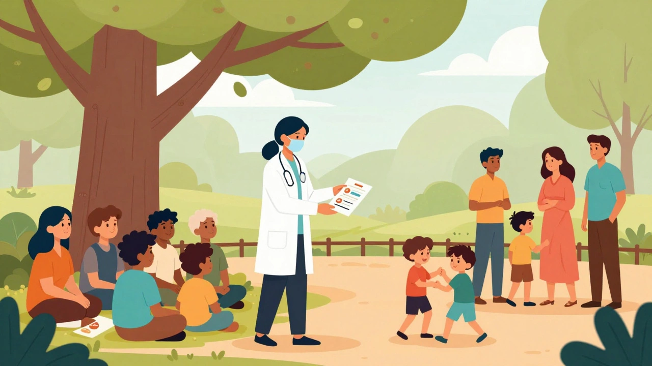 Healthcare workers connecting with families at a local park event.