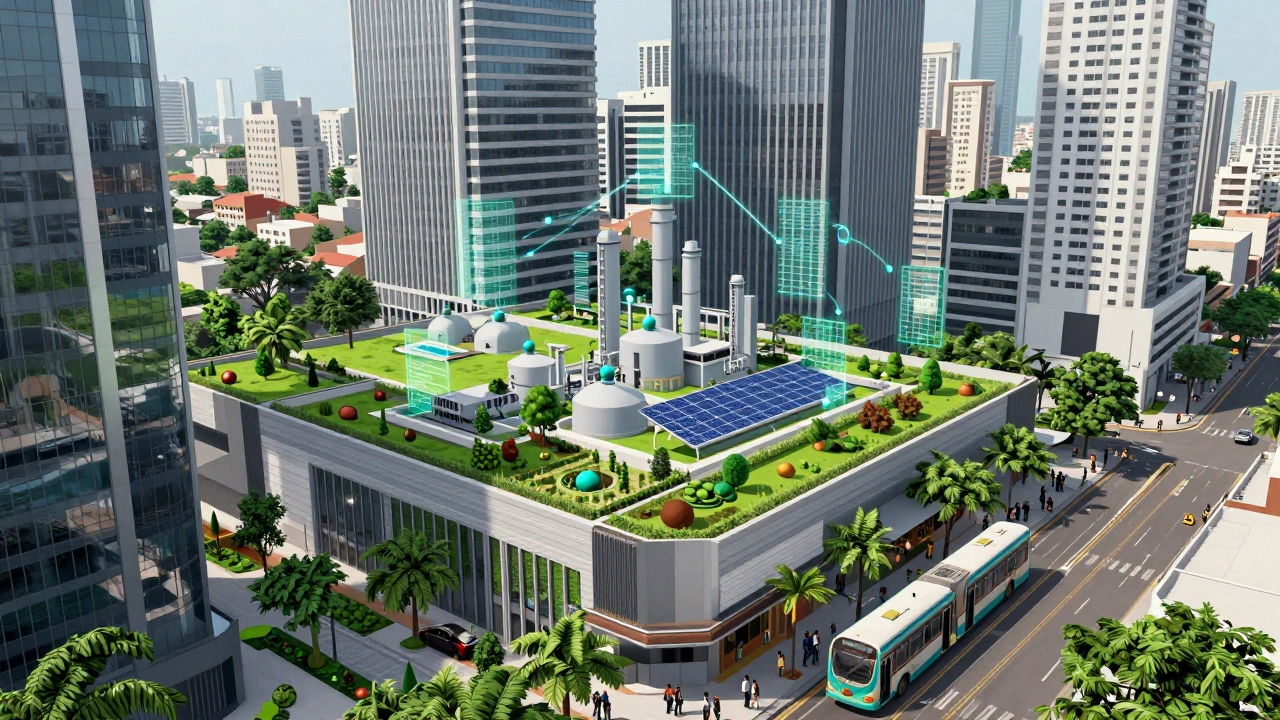 Illustration of a green urban Indian city with sustainable infrastructure and engaged citizens.
