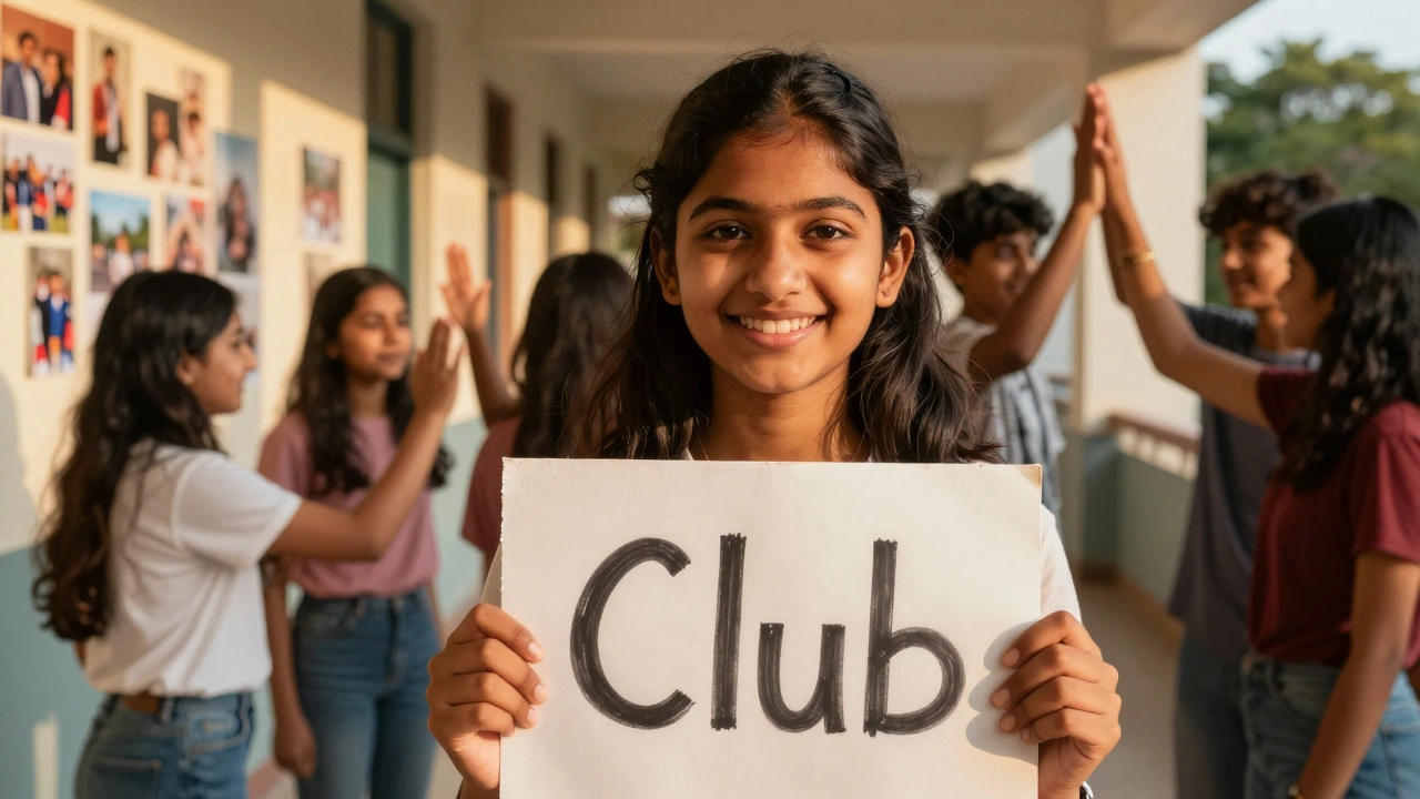 Indian student smiling proudly holding a celebration sign in a decorated school hallway.