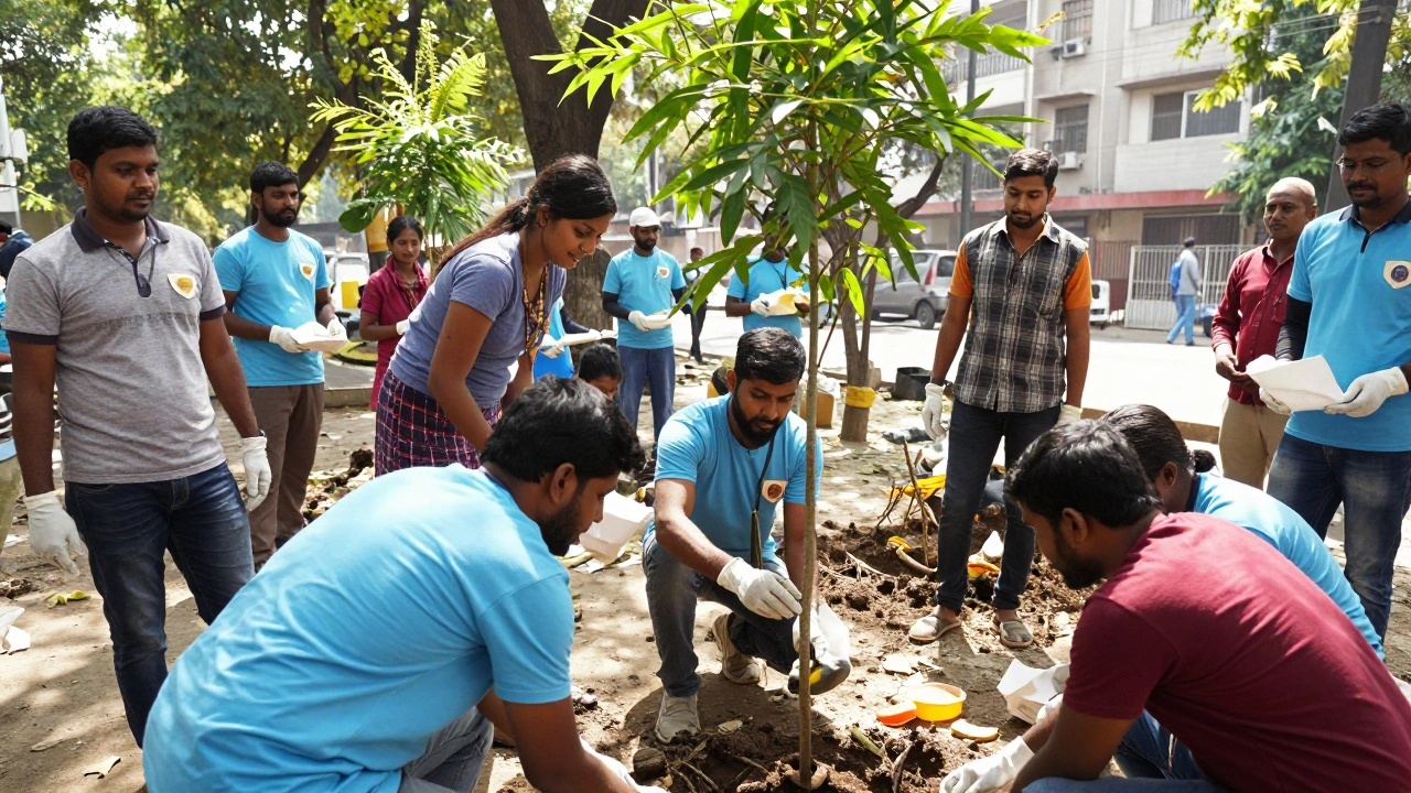Indian volunteers working together on a community service project in a sunny outdoor setting