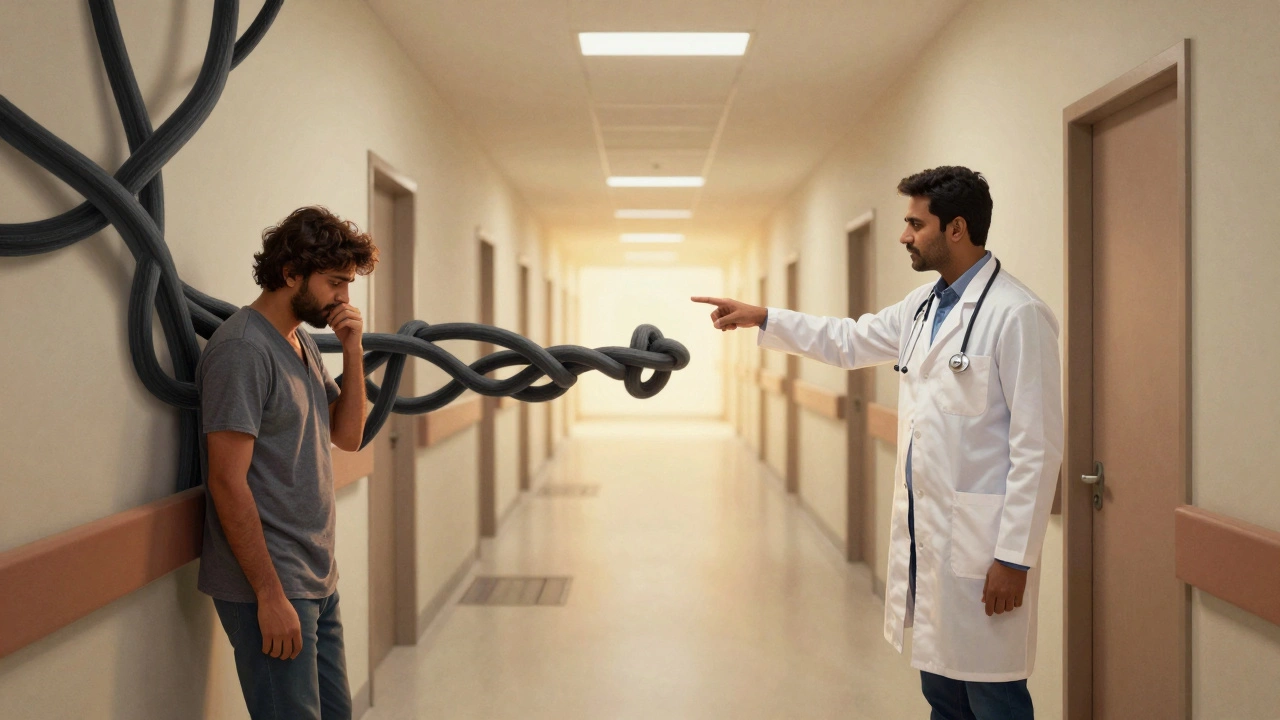 Patient navigator guiding a patient through a hospital corridor