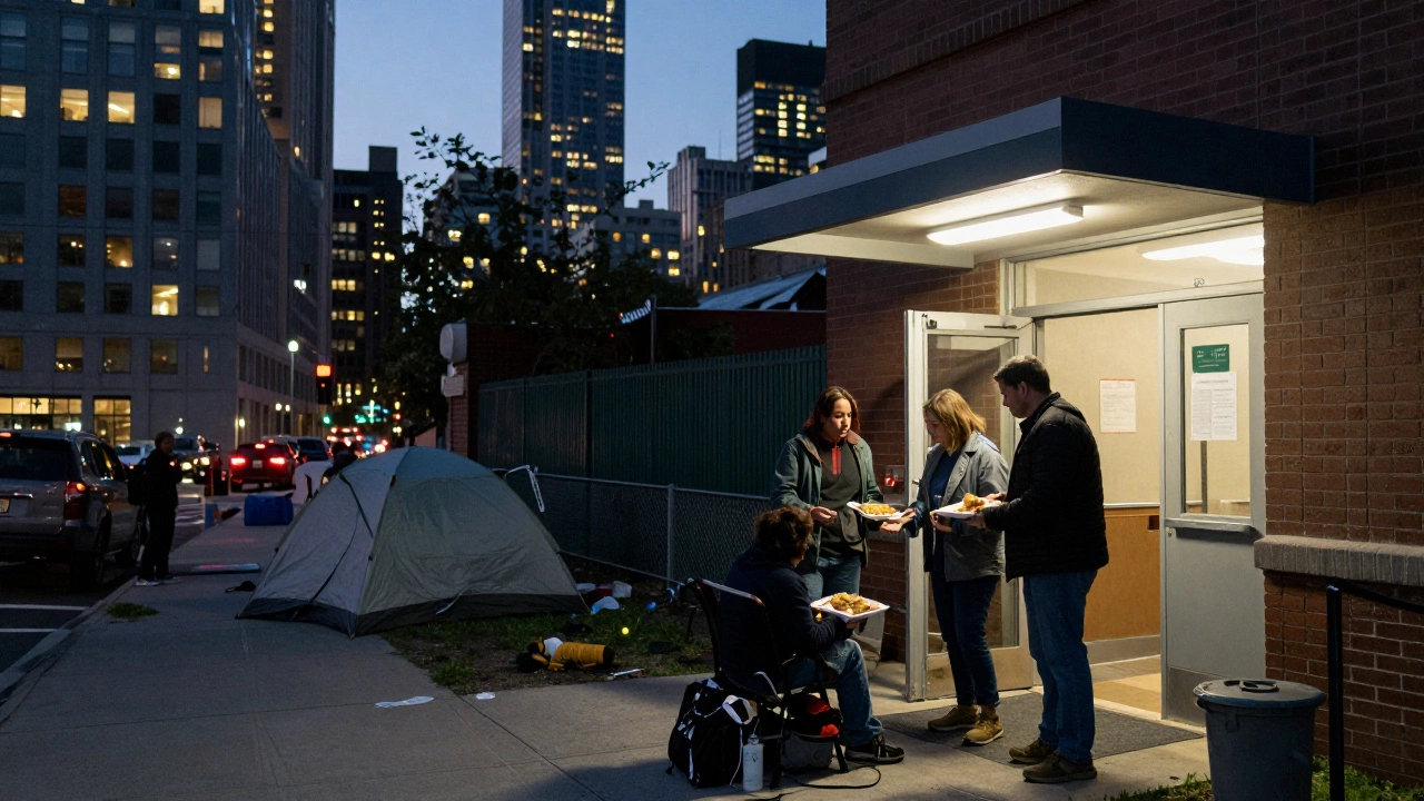 Street scene showing homeless encampment near shelter entrance