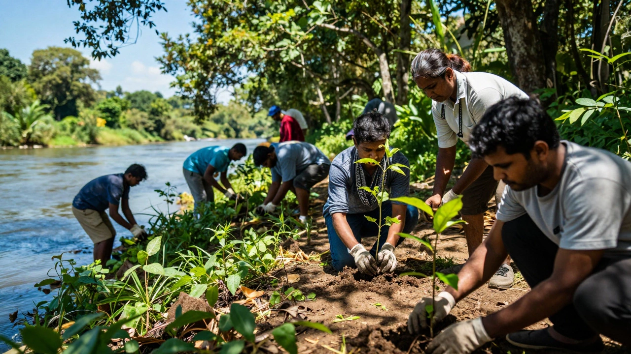 Volunteers planting trees and restoring a riverbank in a lush Indian forest landscape.