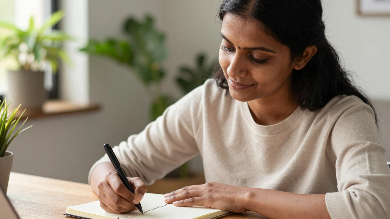Woman calmly planning her volunteer schedule at a sunlit home desk.