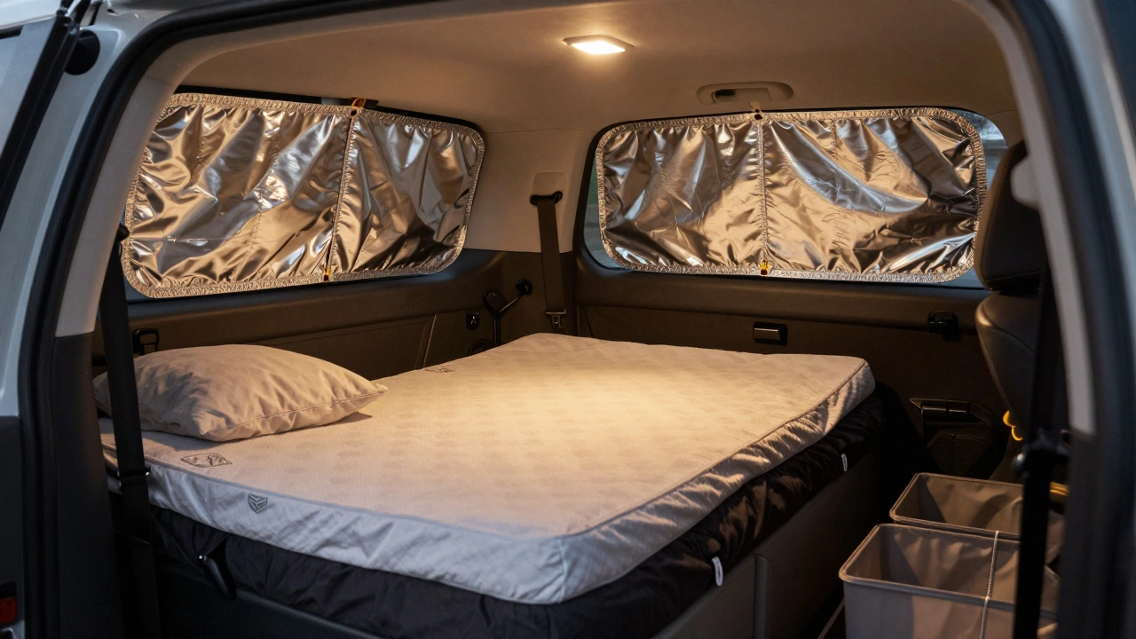 Car interior prepared for sleeping with reflective window shades