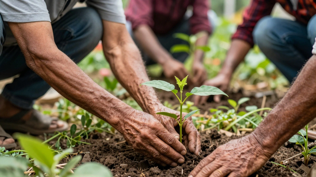 Close-up of hands planting a tree, symbolizing community stewardship