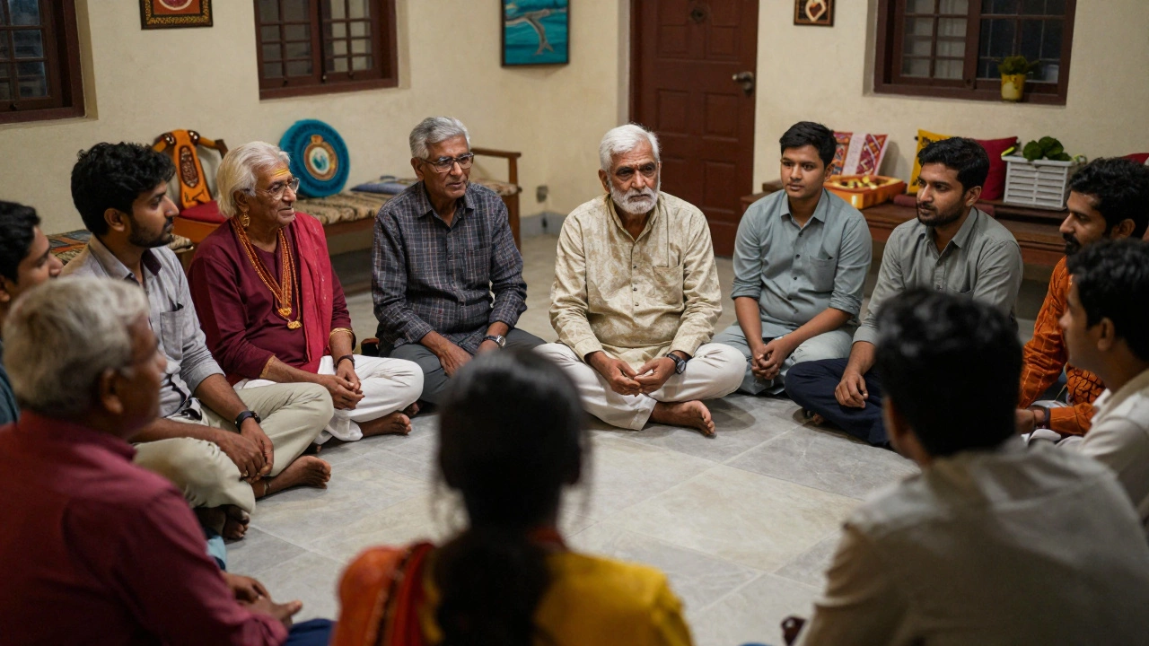 Community members engaged in a listening circle during an outreach session in India.