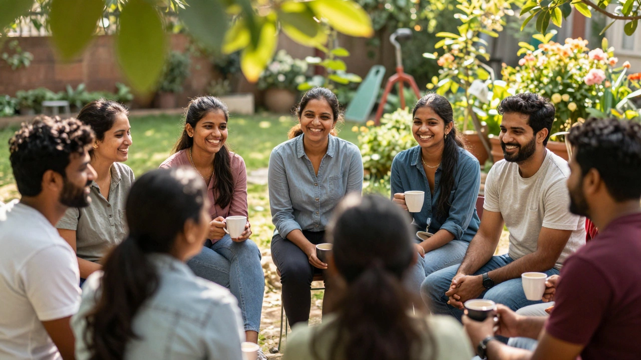Diverse group sharing coffee and laughing in a sunny garden club