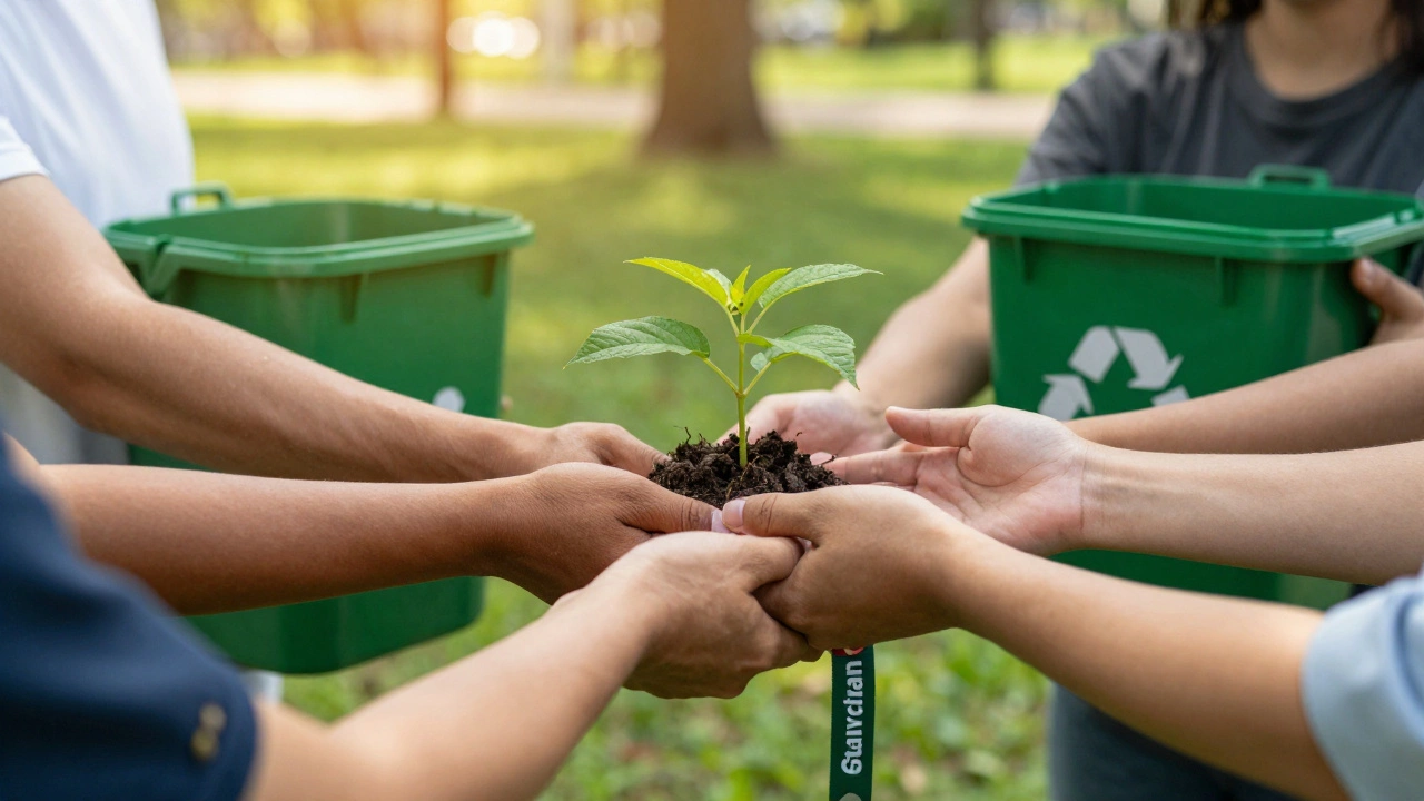 Diverse hands joining in nature, symbolizing community guardianship