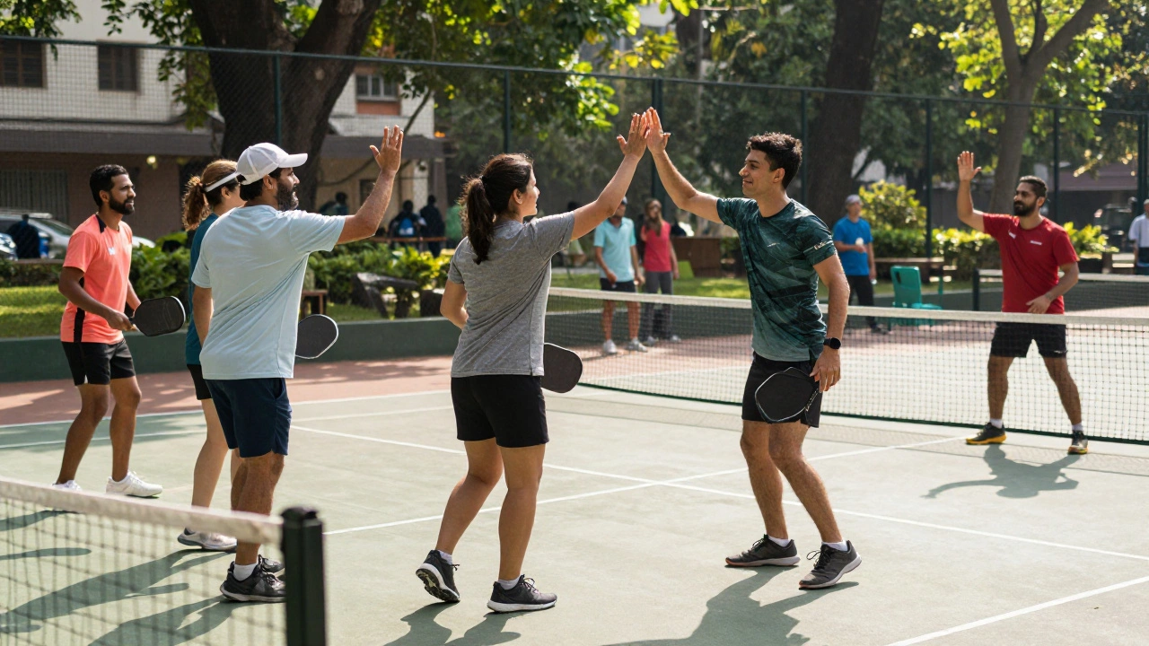 Friends playing pickleball in a sunny urban park
