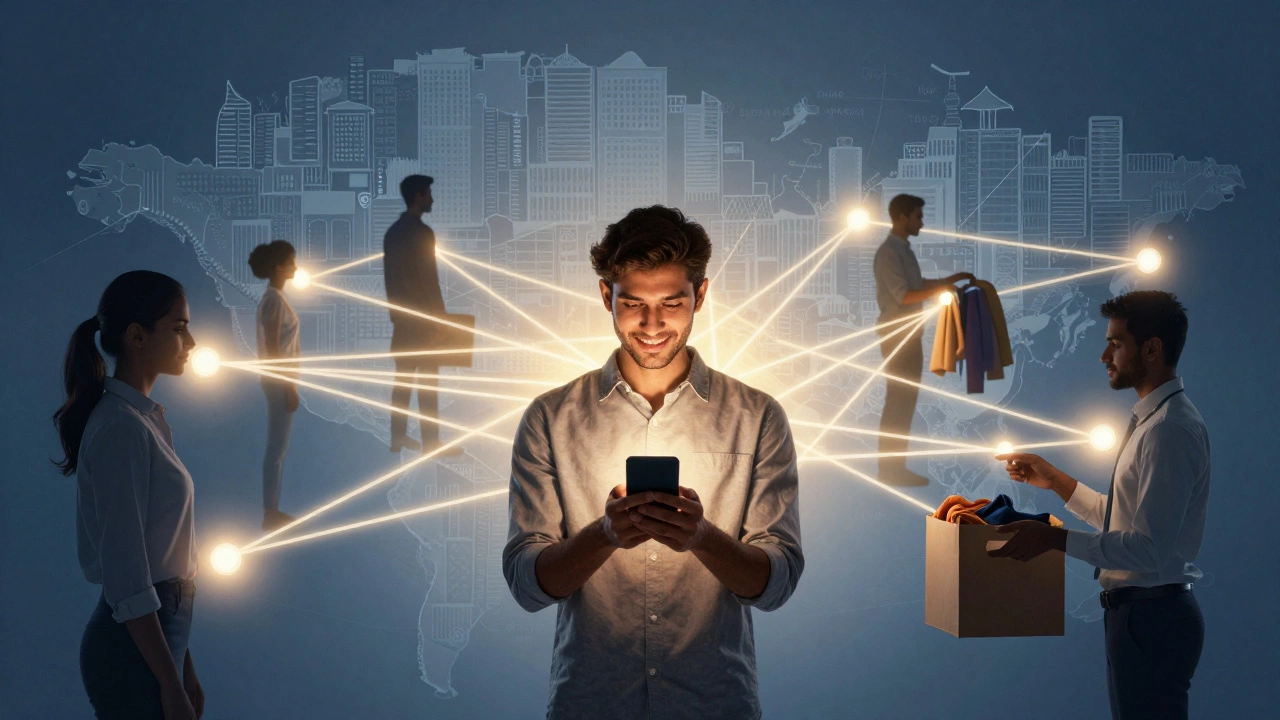 Glowing phone connecting people in acts of kindness and support