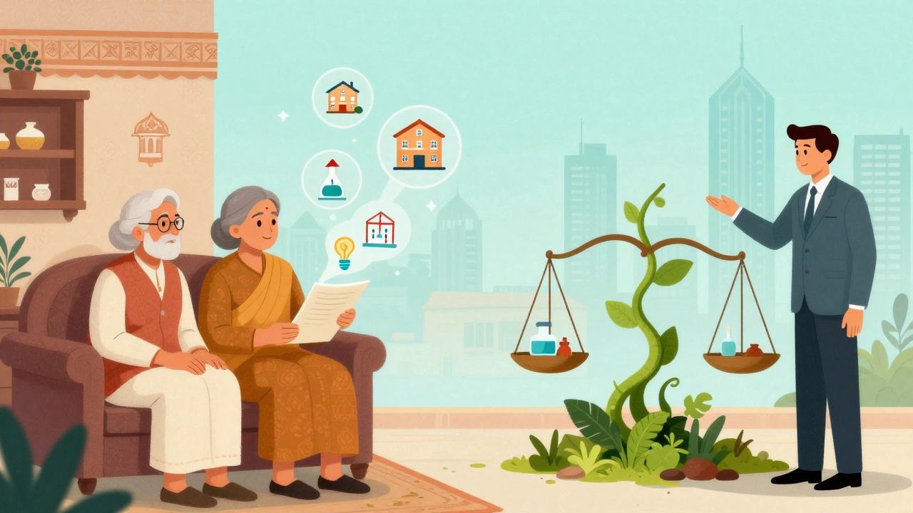 Illustration of donors and trustees managing funds for schools and hospitals in India.