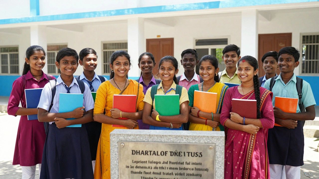 Indian students smiling in front of a new community library funded by a charitable trust.
