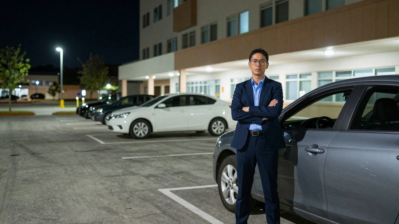Person standing by car in a safe, well-lit urban parking lot