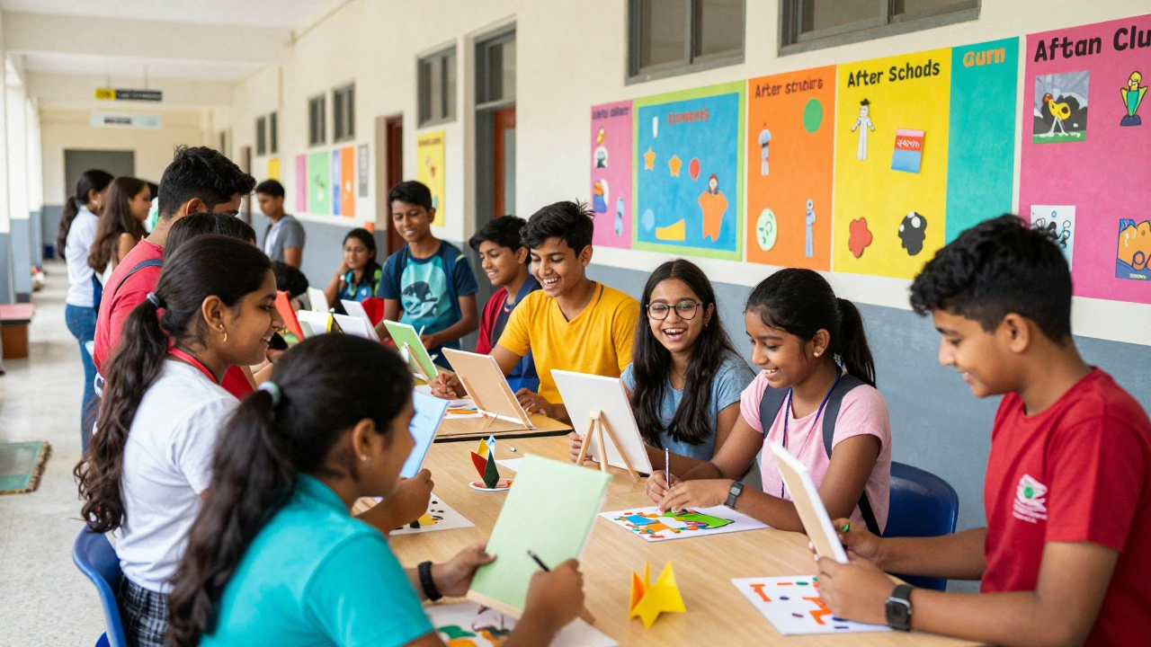 Students enjoying hands-on activities at a colorful school club kickoff event