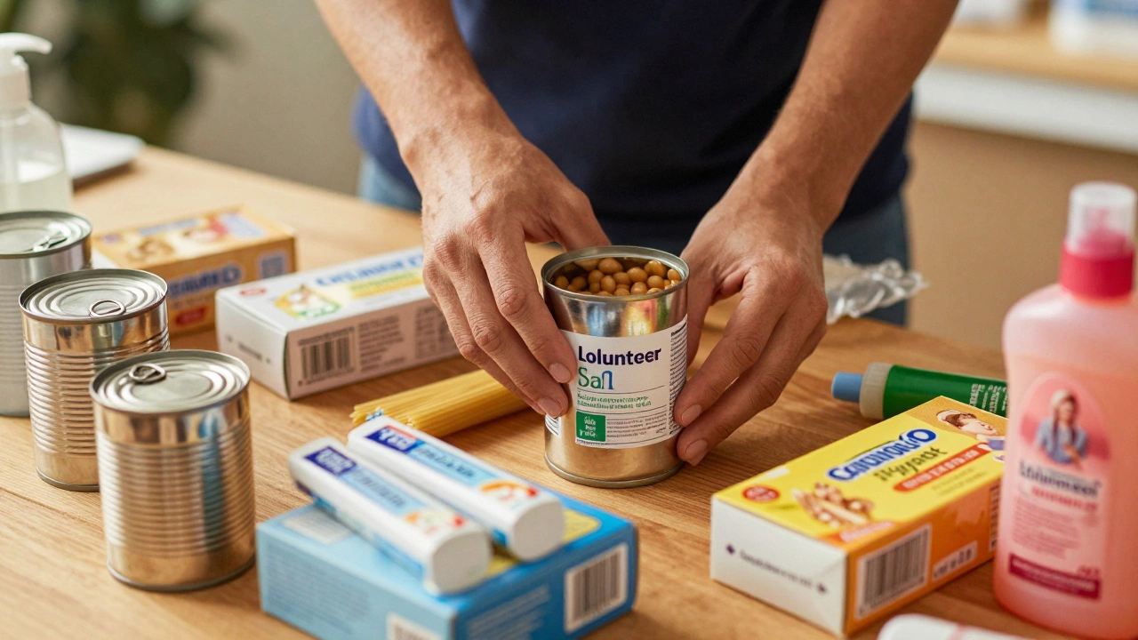 Volunteer sorting canned food and hygiene products on a wooden table