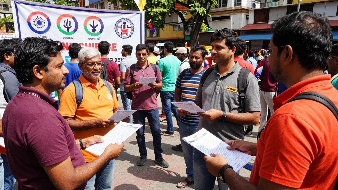 Volunteers conducting a public advocacy campaign in a busy Indian city square.